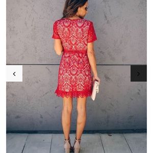 Lace red and nude dress